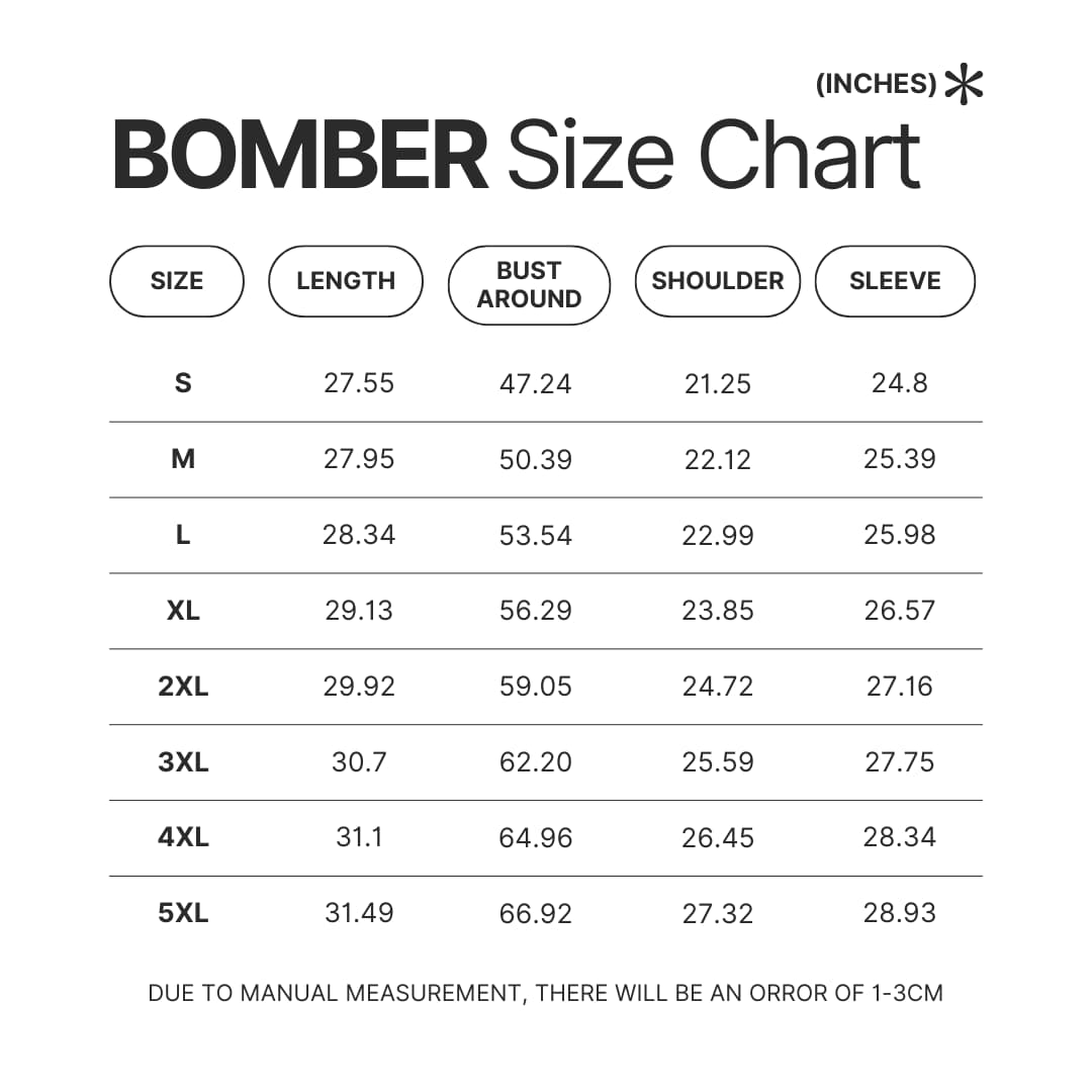 Bomber Size Chart - Anime Jacket UK Shop