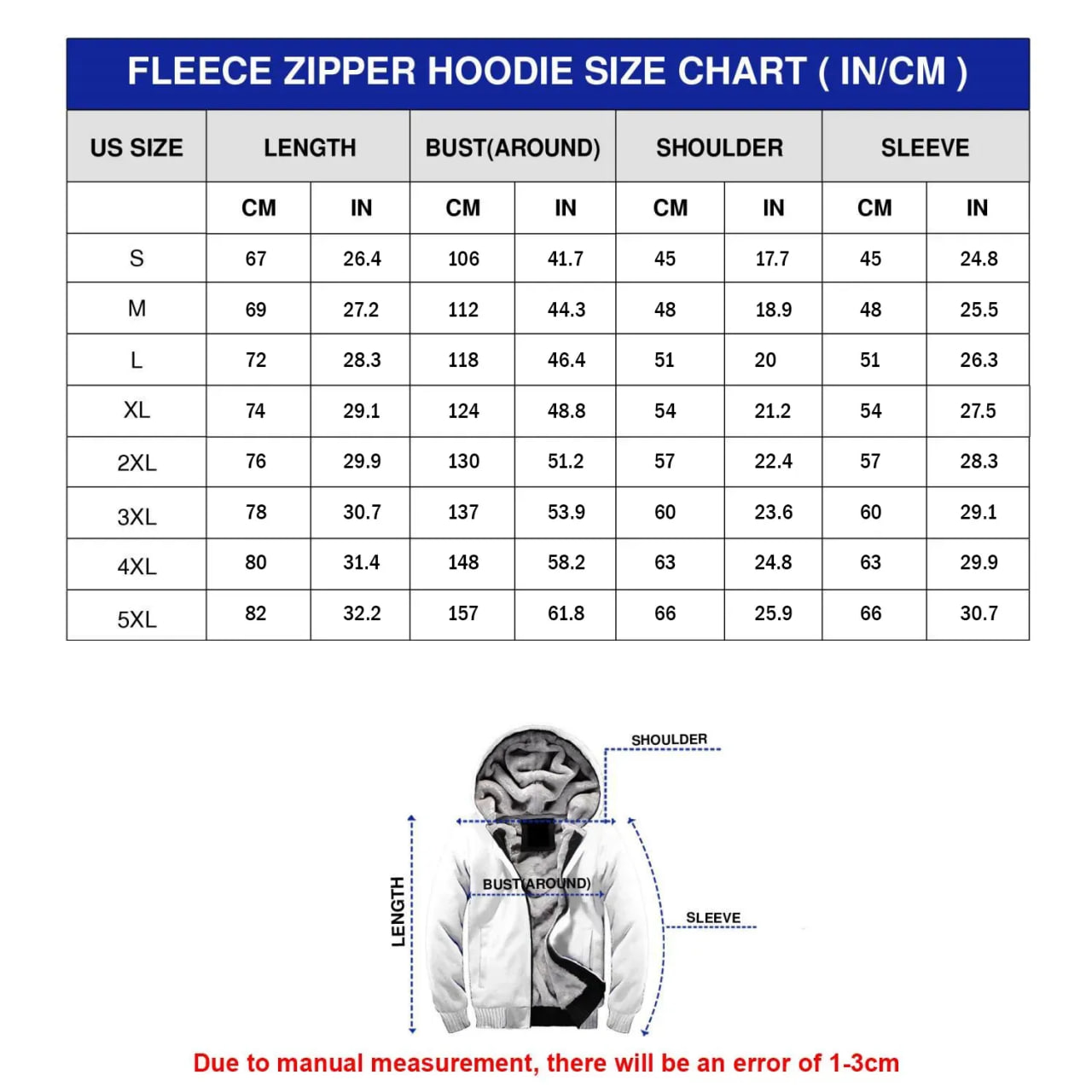 Fleece Zipper Hoodie Size Chart - Anime Jacket UK Shop