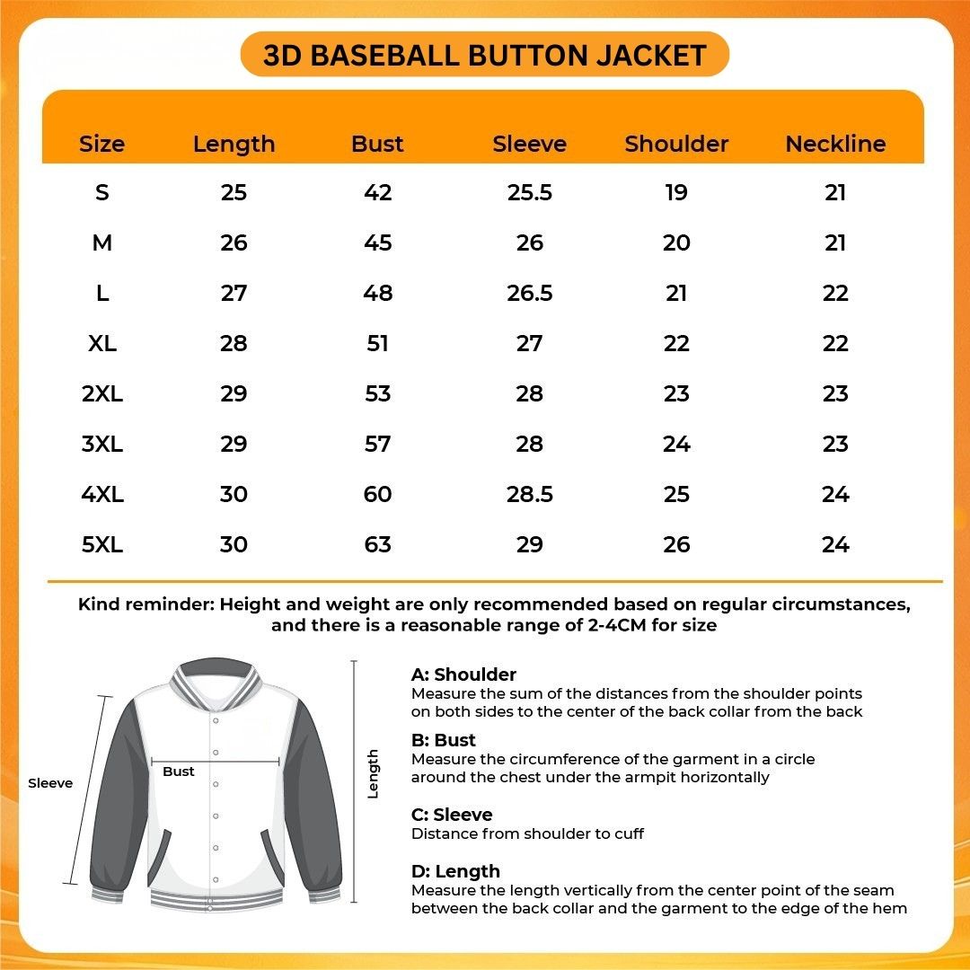 3D Baseball Button Jacket Size Chart 1 - Anime Jacket UK Shop